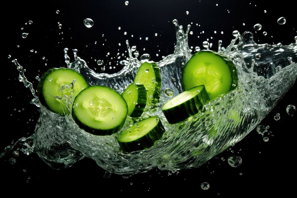 Photograph of chopped organic cucumber vegetable falling fruit.