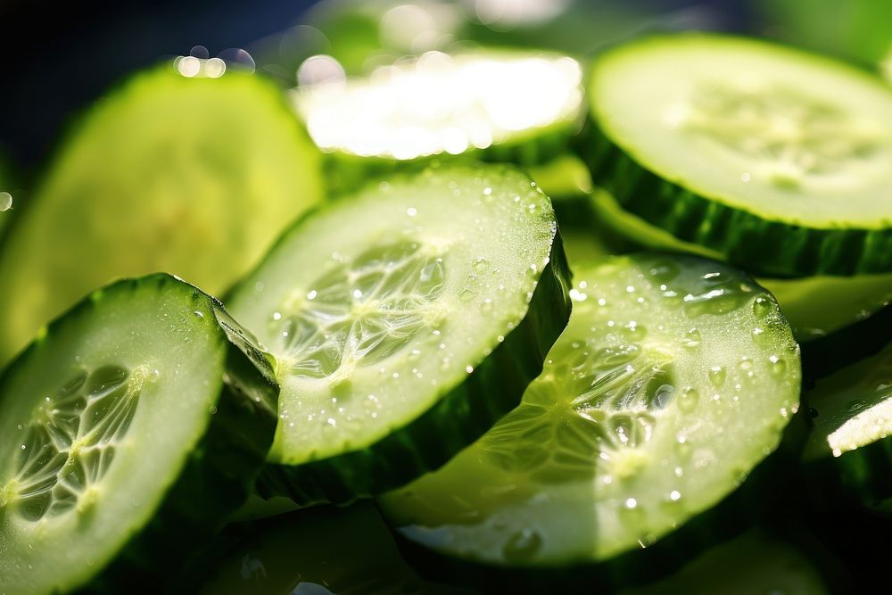 Close-up organic chopped cucumbers vegetable plant food.
