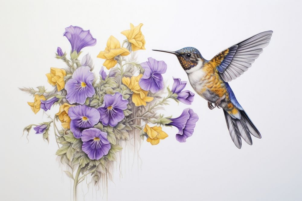 A hummingbird with yellow and purple flowers drawing animal flying.