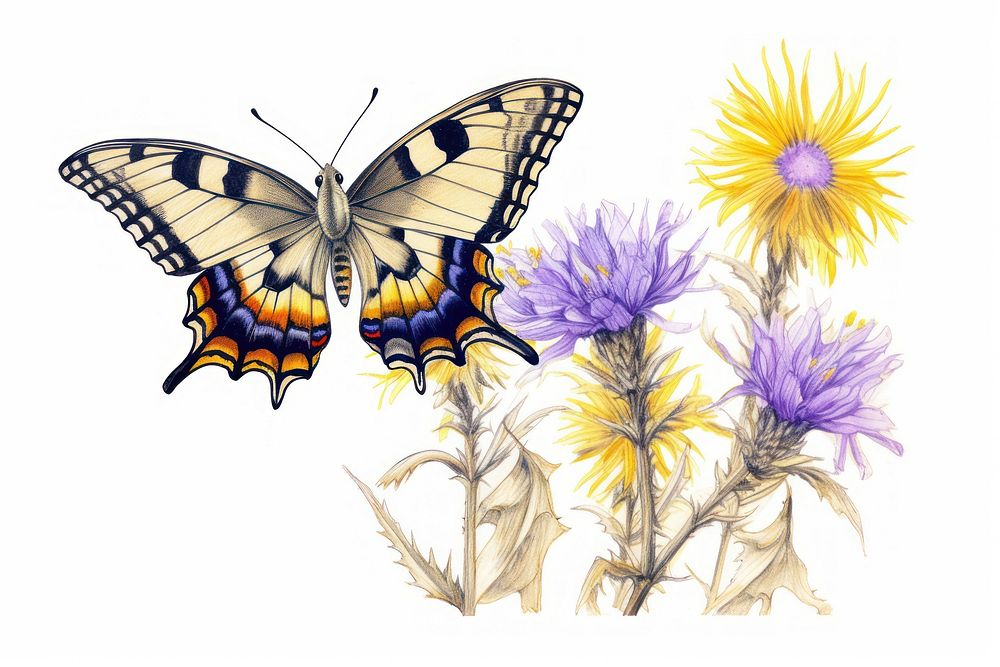 Butterfly with yellow and purple flowers drawing sketch insect.