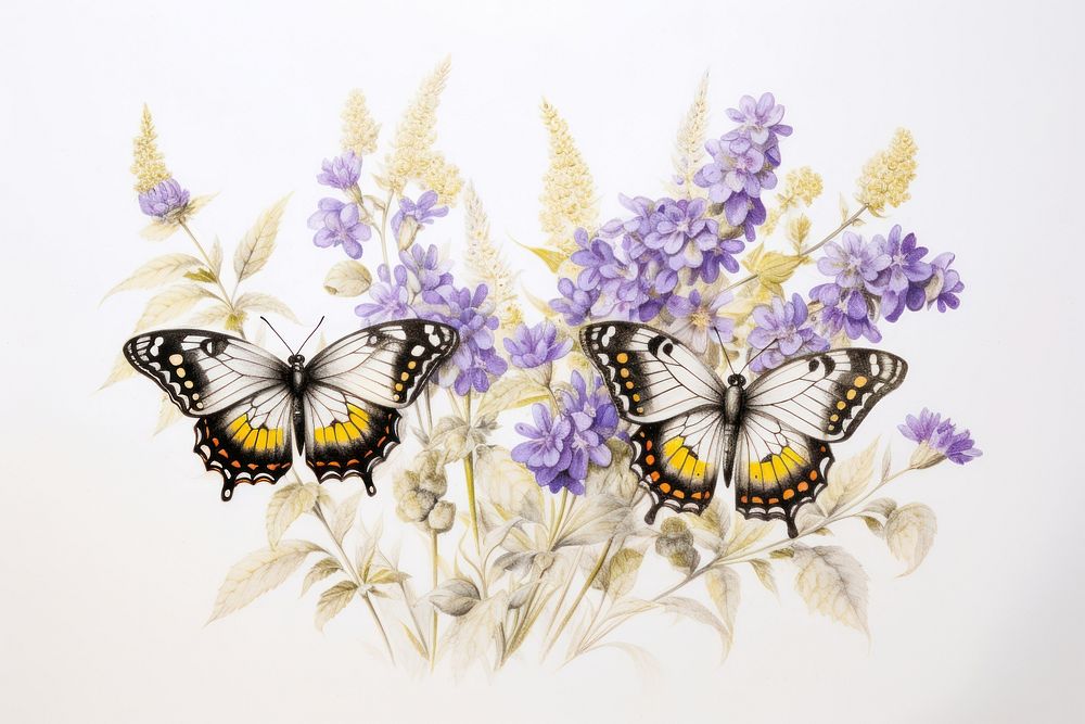 Butterfly with yellow and purple flowers lavender insect animal.