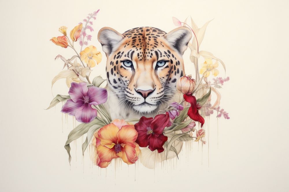 Leopard with yellow and purple flowers wildlife painting pattern.