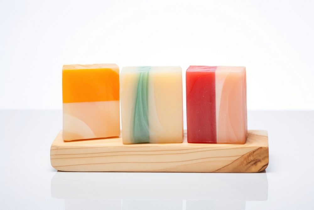 Studio photo of 3 pieces of colorful handmade organic soap parmigiano-reggiano simplicity freshness.