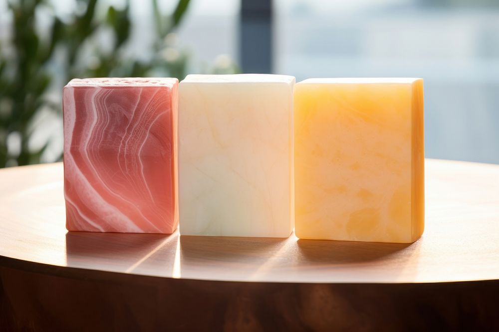 Studio photo of 3 pieces of colorful handmade organic soap parmigiano-reggiano prosciutto freshness.