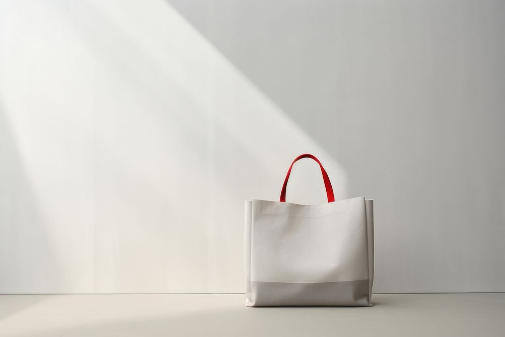 Studio photo of fabric shopping bag handbag white accessories.