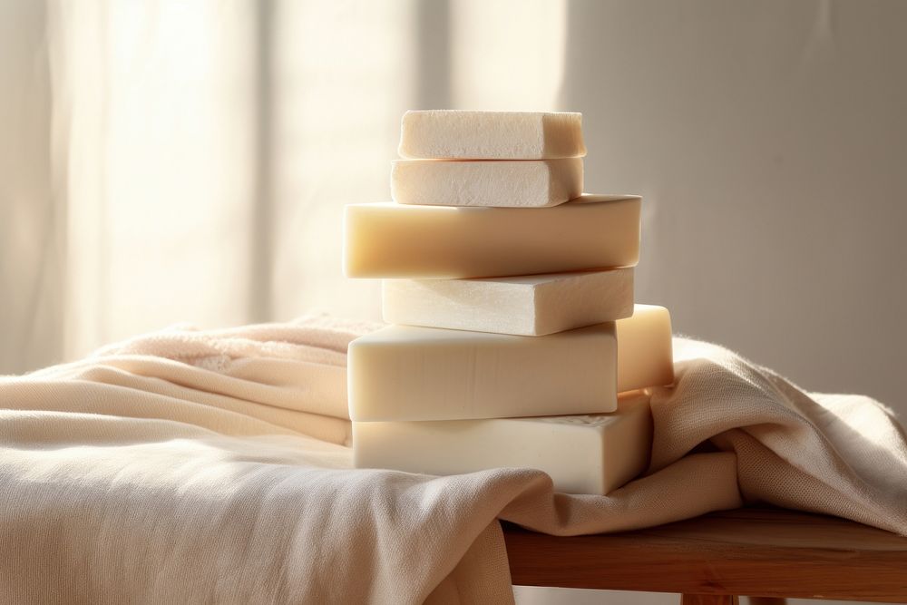 Photo of stack of handmade organic soap parmigiano-reggiano simplicity hygiene.