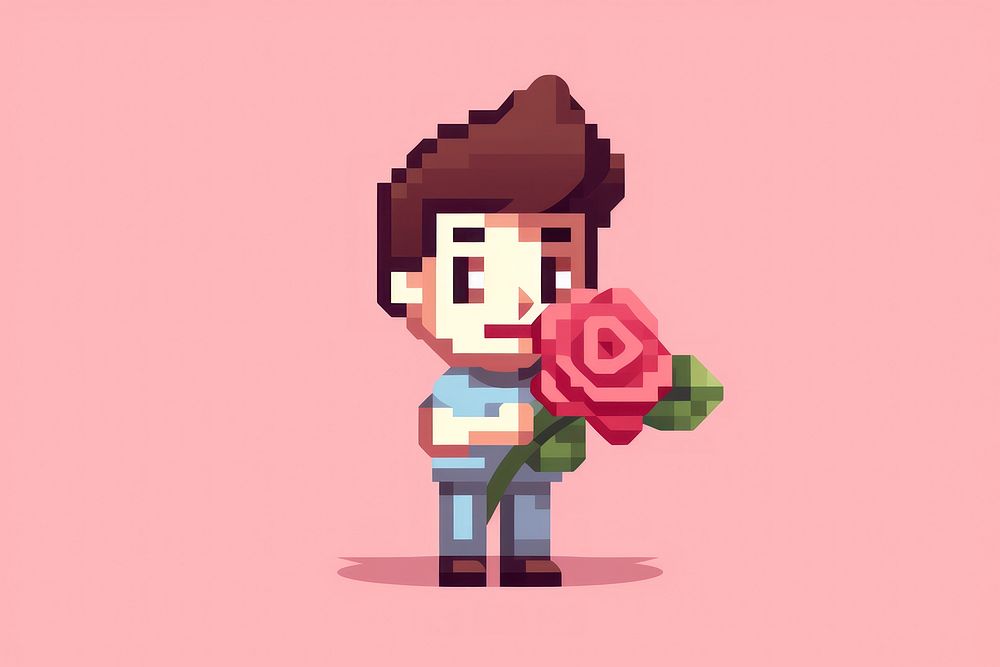 Boy holding rose pixel graphics flower plant.