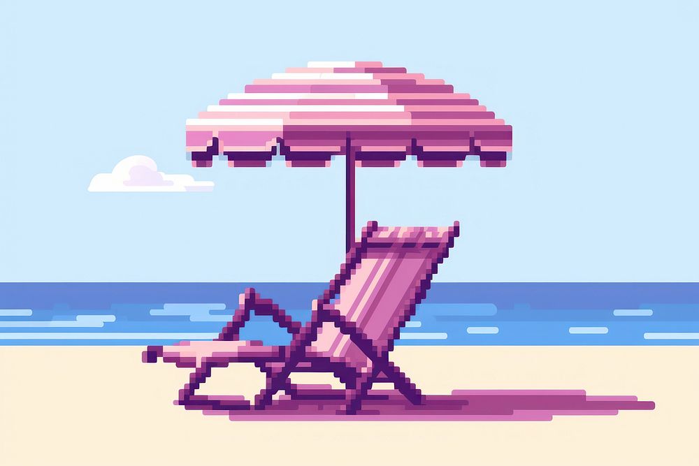 Deckchair with beach umbrella pixel outdoors summer sea.