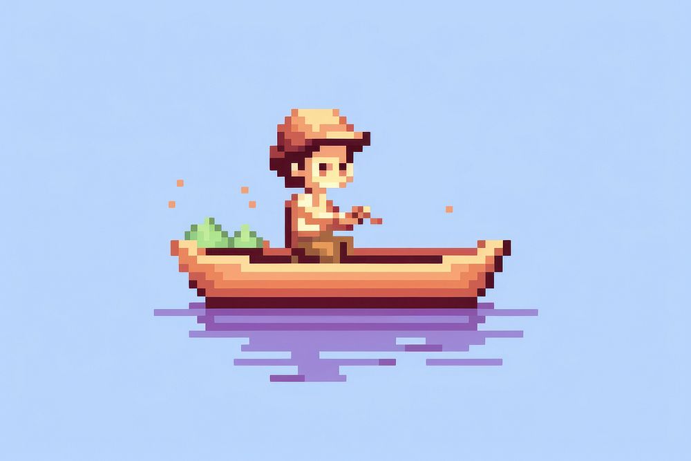 Fisherman pixel vehicle boat transportation.