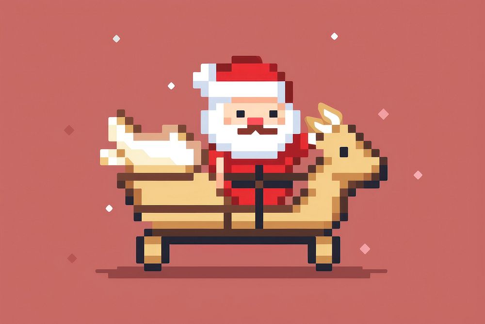 Santa on sleigh pixel art representation celebration.