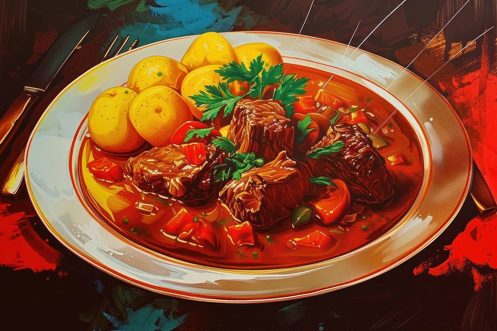 Traditional Hungarian meal with beef chuck steak potatoes and paprika in goulash soup and stew plate food meat.