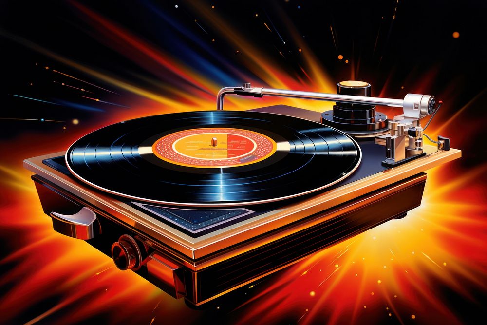 Airbrush art of a vinyl record player nostalgia illuminated electronics.