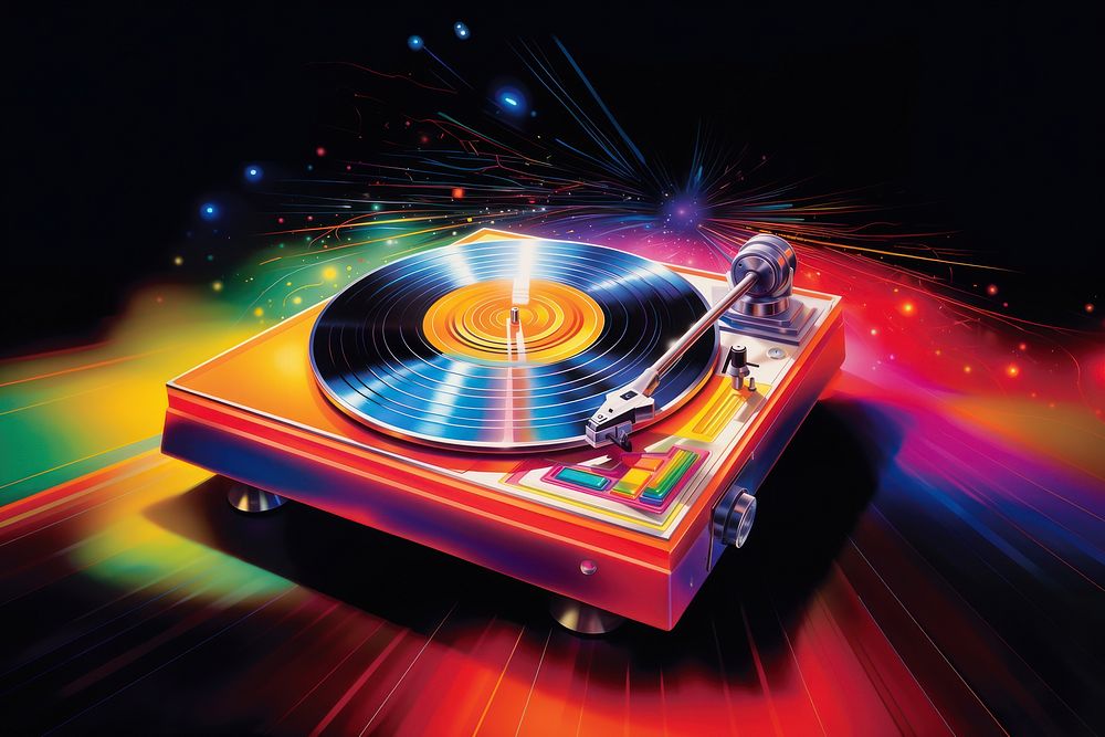 Airbrush art of a vinyl record player light illuminated performance.