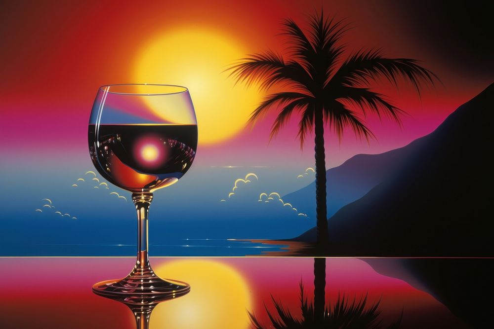 Airbrush art of a wine glass on dinning table nature drink sky.