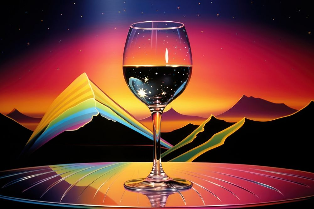 Airbrush art of a wine glass on dinning table drink refreshment drinkware.