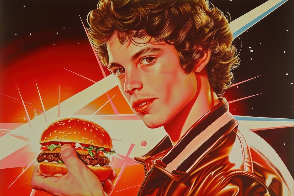 Young man holding a piece of hamburger poster food advertisement.