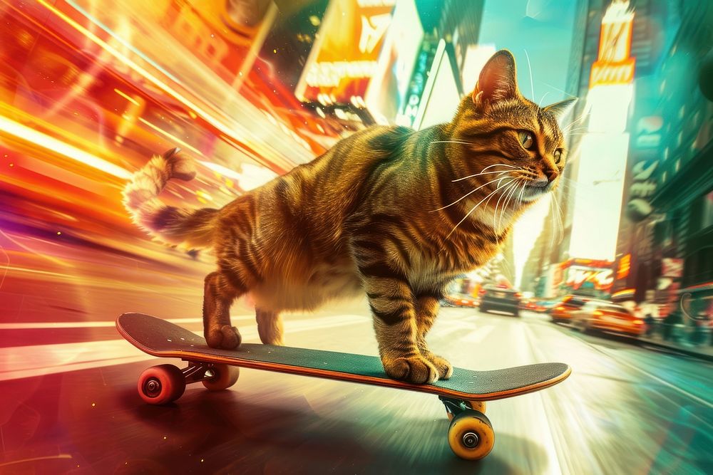 A playful cat riding a skateboard down a vibrant city street animal mammal road.