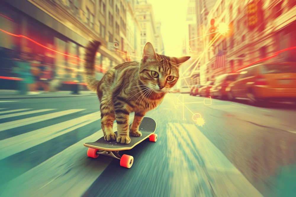 A playful cat riding a skateboard down a vibrant city street vehicle mammal animal.