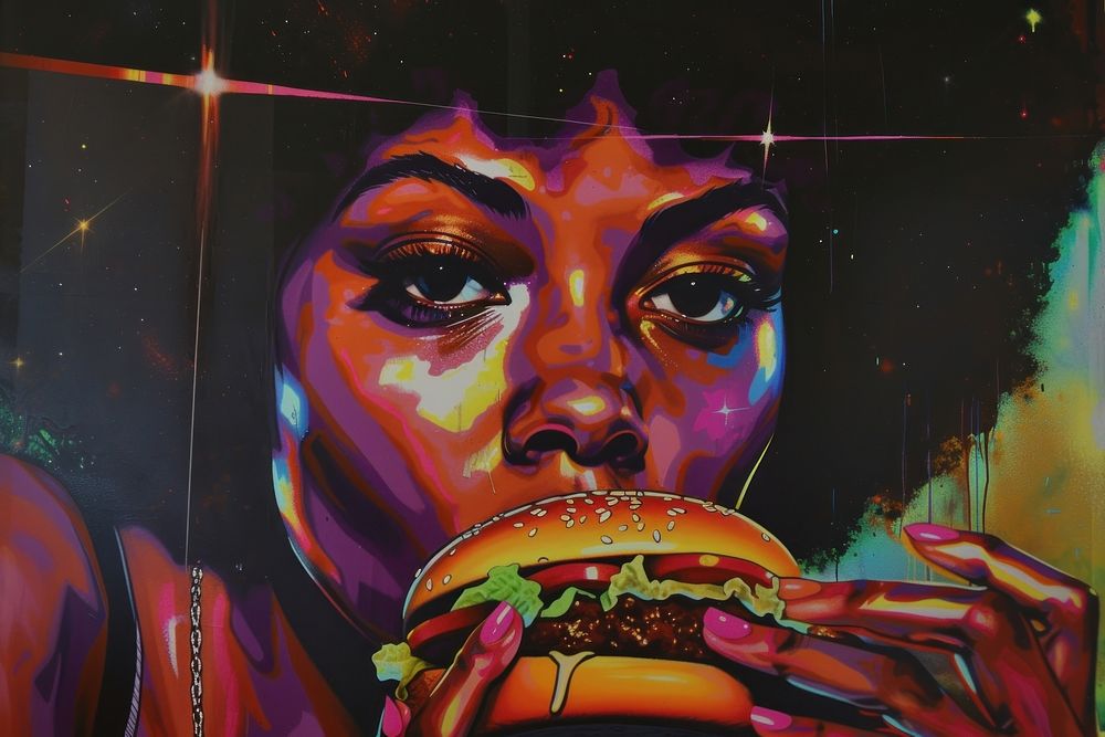 Afro woman eating a hamburger art food representation.