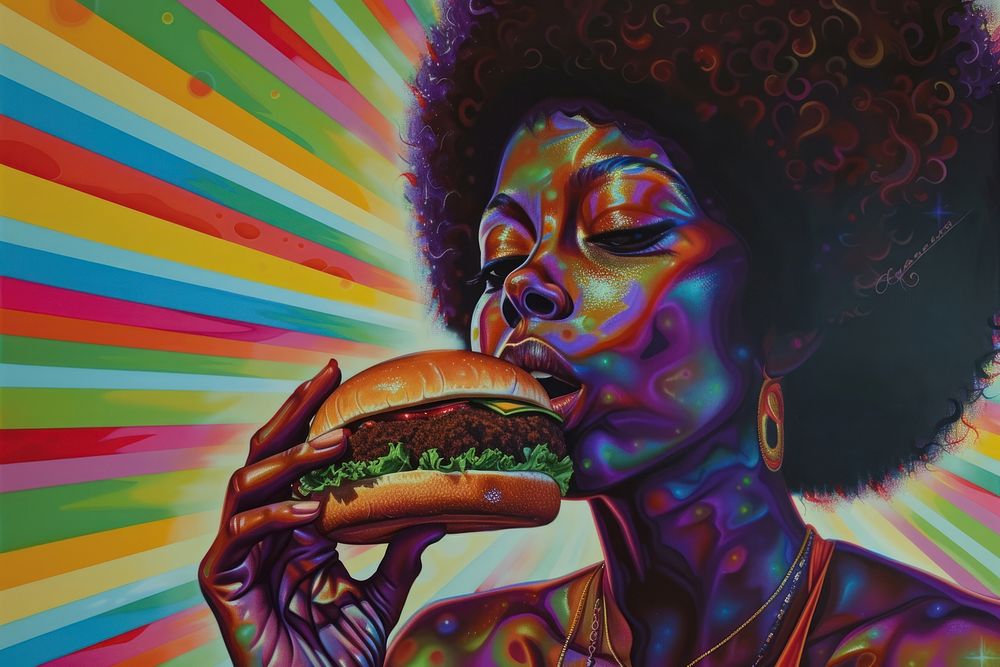Afro woman eating a hamburger portrait adult food.