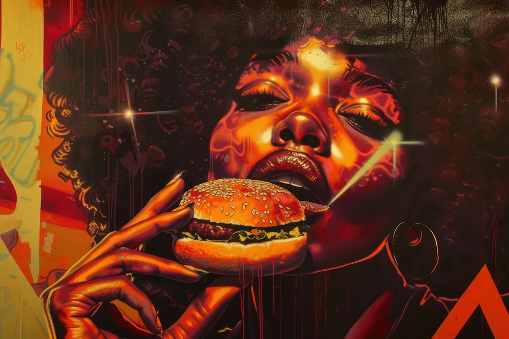 Afro woman eating a hamburger adult food art.