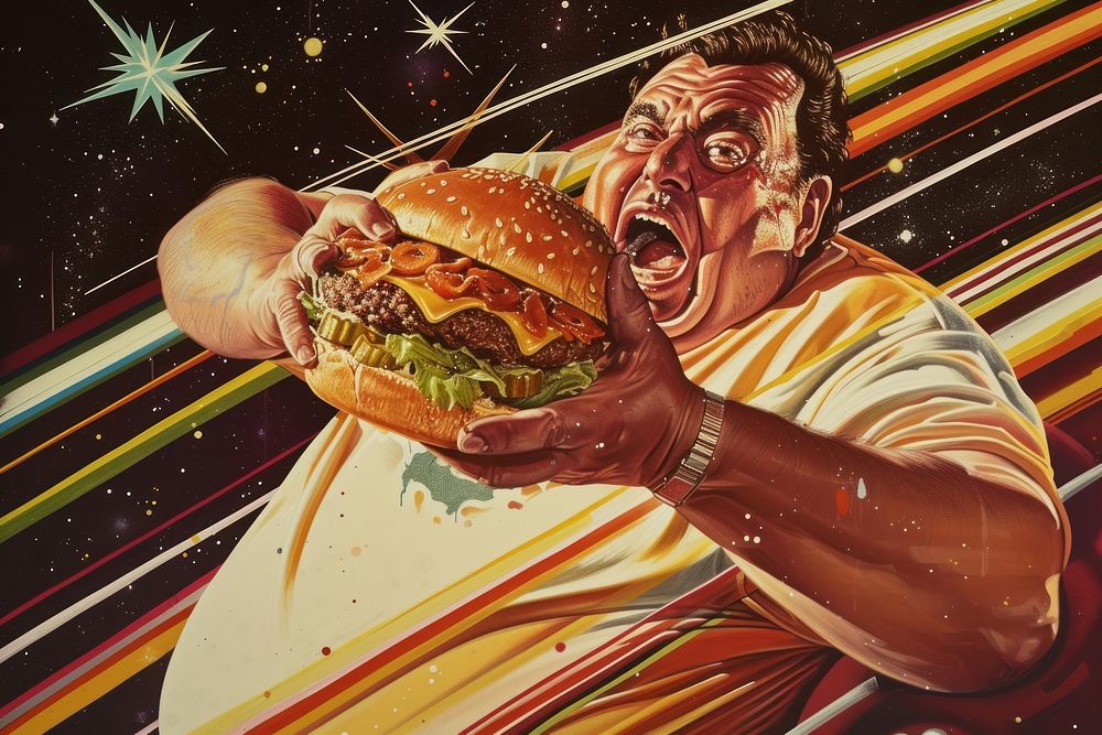 An overweight man indulging in a massive burger adult food advertisement.