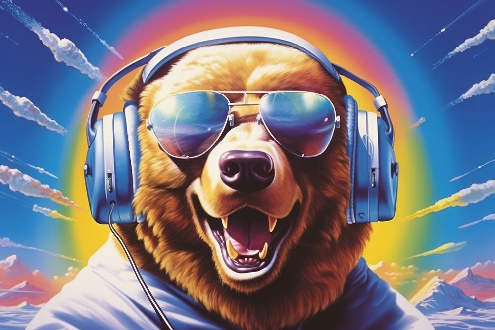 Airbrush art of a bear wearing headset glasses accessories electronics.