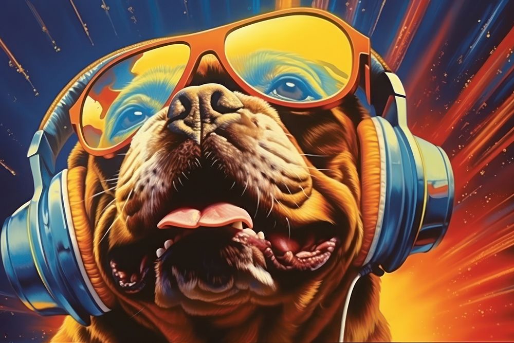 Airbrush art of a bulldog wearing headset cartoon mammal pet.