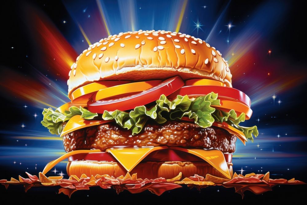 Airbrush art of a burger food advertisement hamburger.