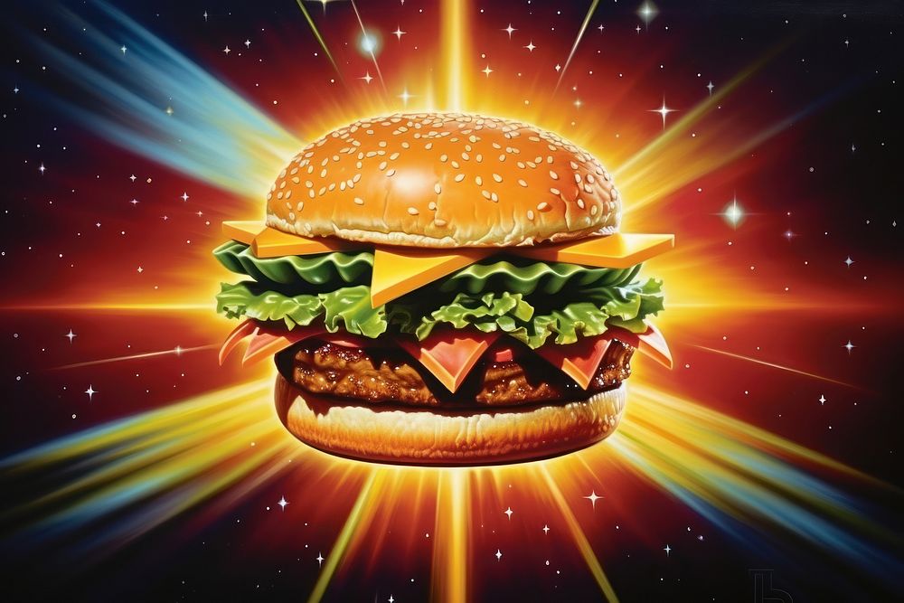 Airbrush art of a burger bread food advertisement.