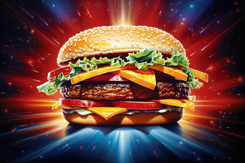 Airbrush art of a burger food advertisement illuminated.