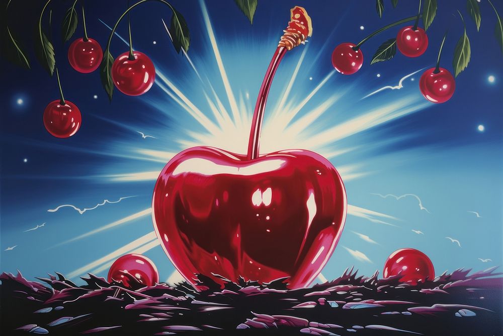 Airbrush art of a cherry plant pomegranate freshness.
