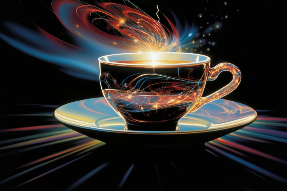 Airbrush art of a coffee cup saucer drink light.
