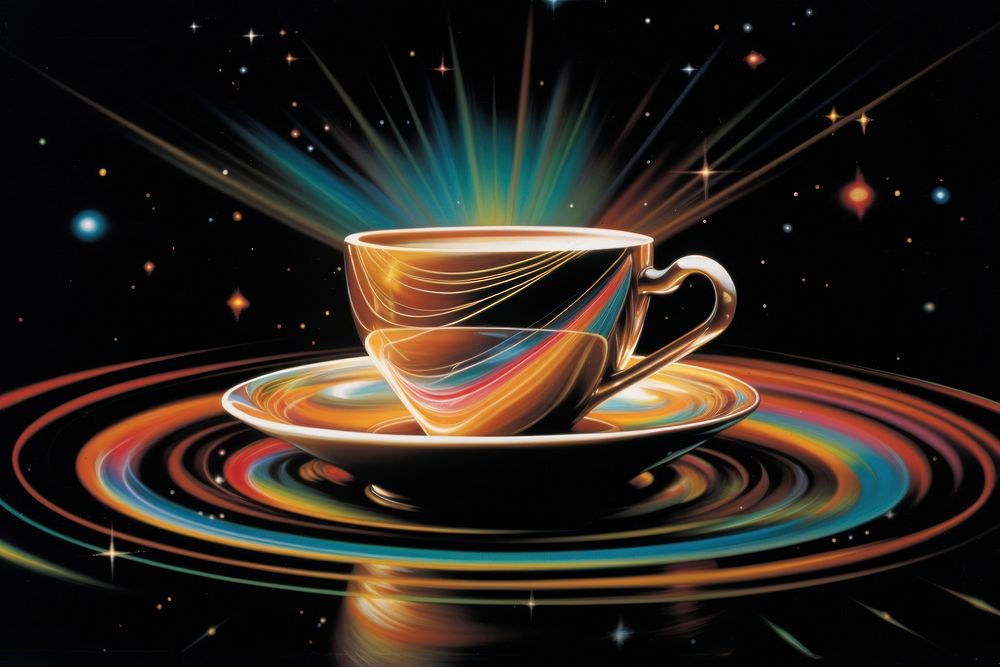Airbrush art of a coffee cup drink mug illuminated.