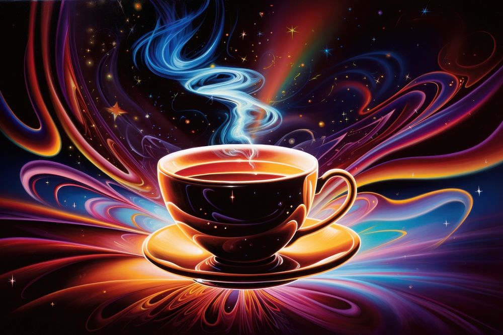 Airbrush art of a coffee cup drink mug illuminated.