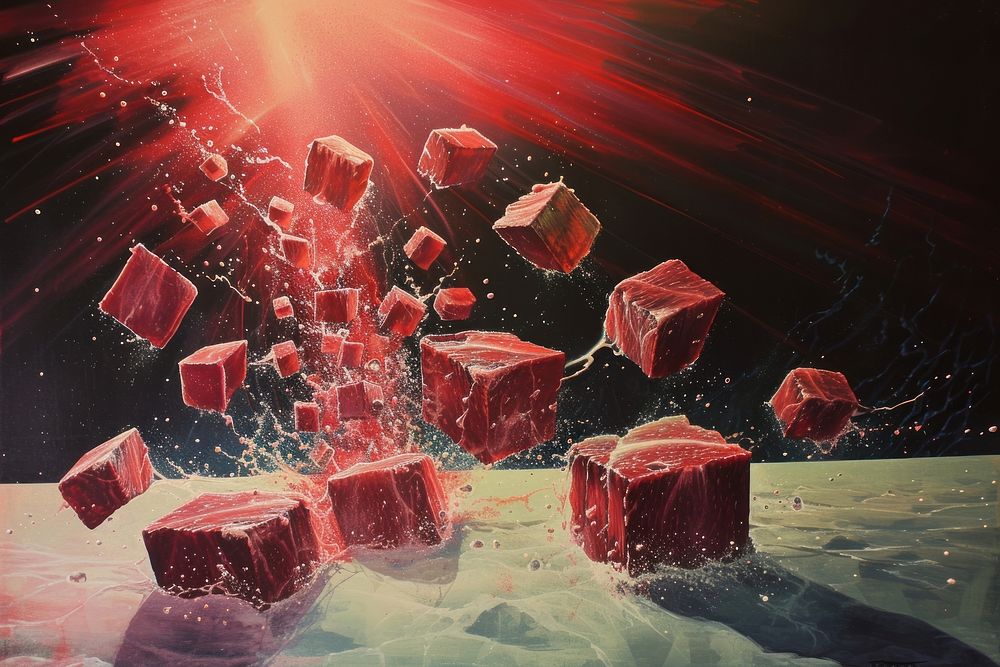 Cubes of raw beef falling art painting jacuzzi.