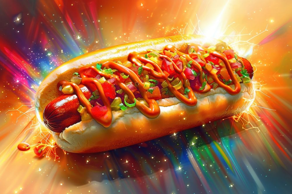 Delicious hot dogs fully loaded with assorted toppings ketchup food illuminated.