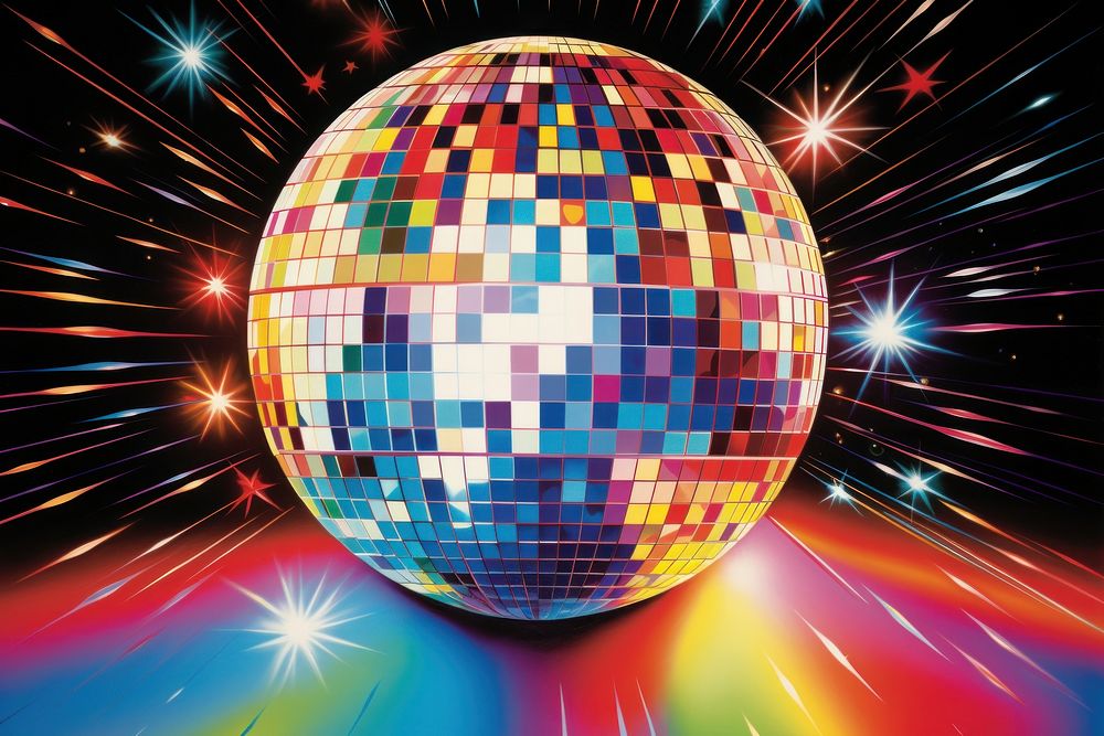 Airbrush art of a disco ball sphere light night.