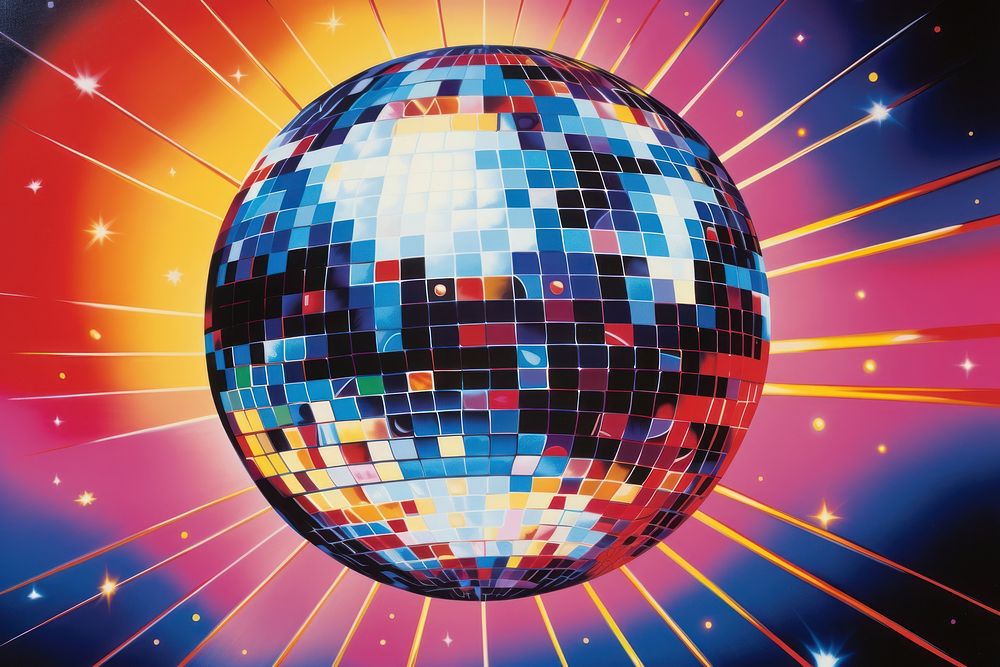 Airbrush art of a disco ball sphere night illuminated.