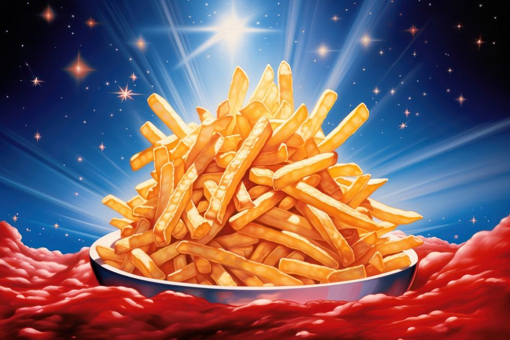 Airbrush art of a french fries ketchup food condiment.