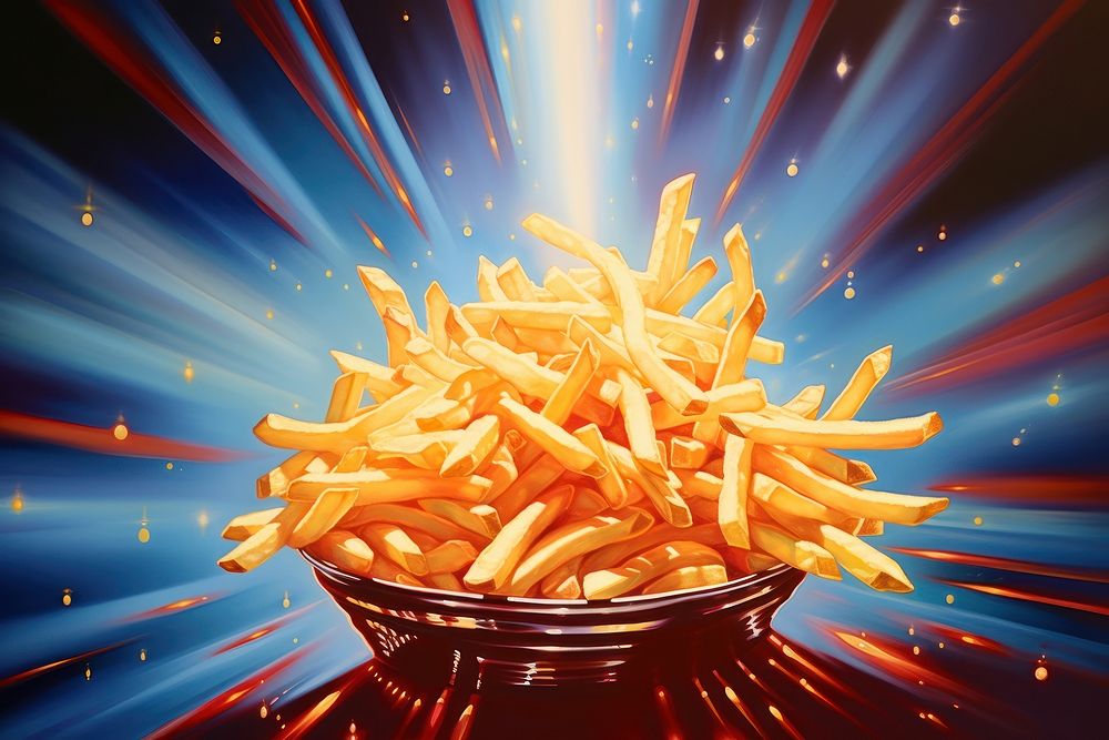 Airbrush art of a french fries food illuminated freshness.