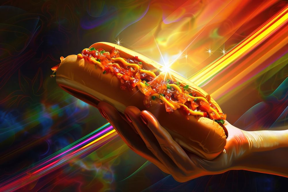 Hand holding tasty hot dog food hand freshness.