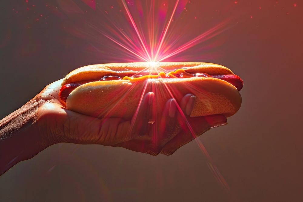 Hand holding tasty hot dog light hand illuminated.