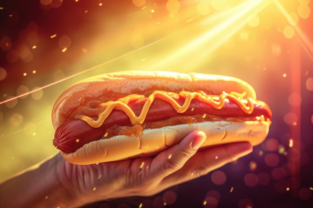 Hand holding tasty hot dog food hand hamburger.