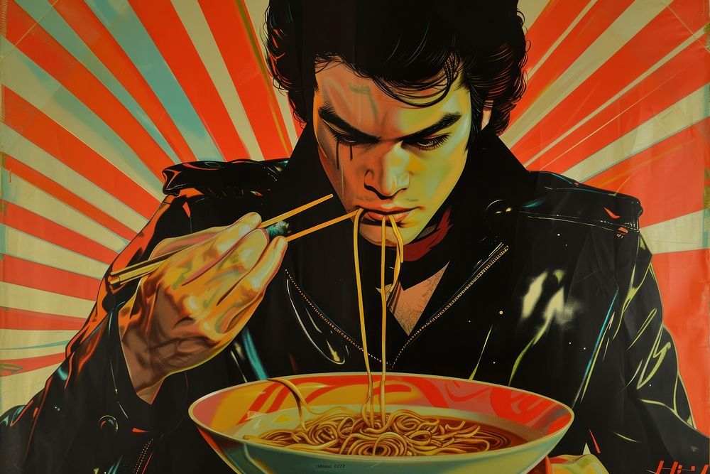 Handsome man eating Chinese noodles adult food meal.