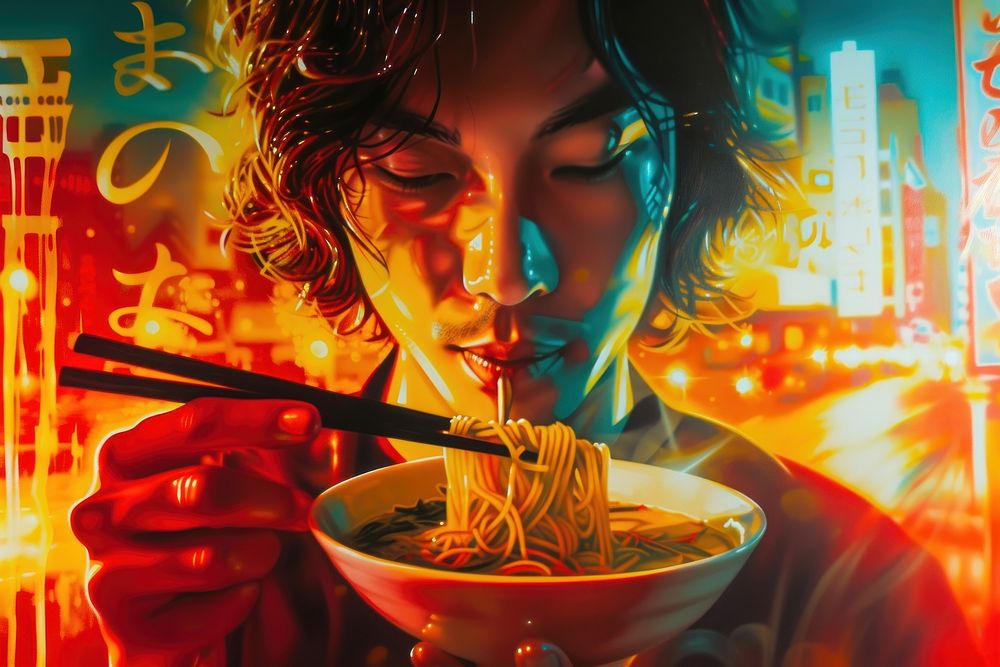Handsome man eating Chinese noodles chopsticks adult dish.