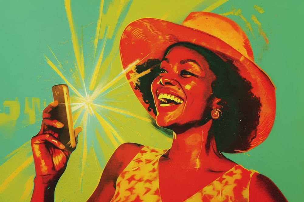 Happy young African American woman using mobile phone art painting laughing.