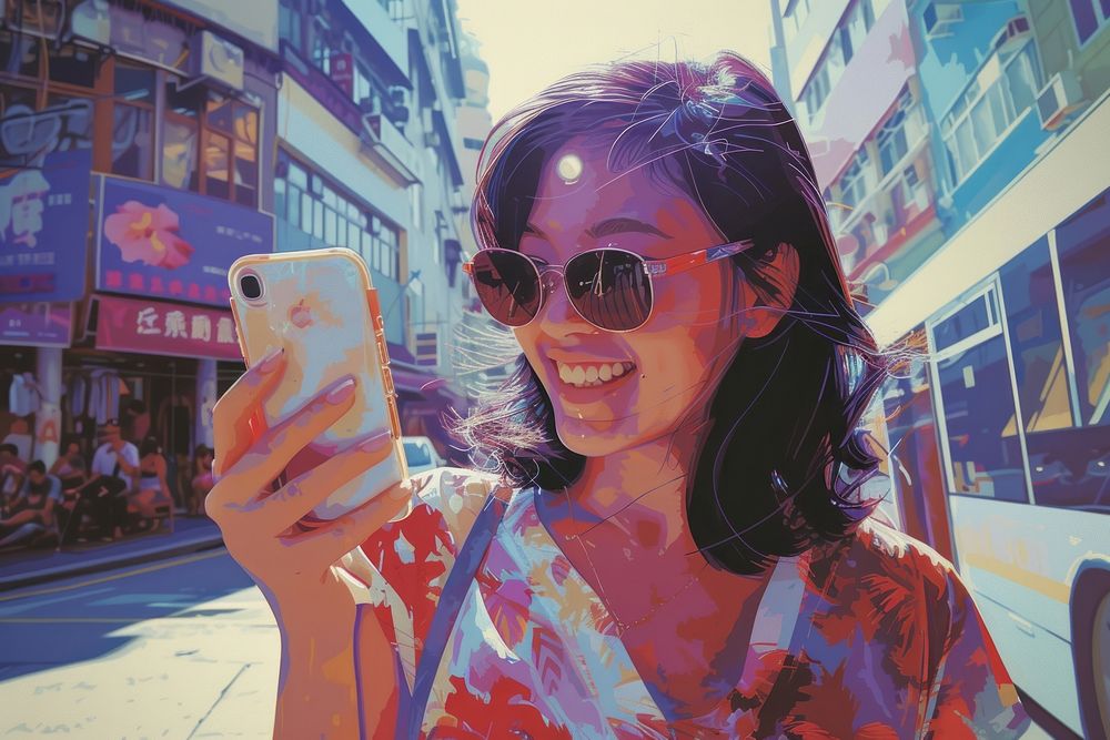 Happy young Asian tourist woman using smartphone on street sunglasses portrait selfie.