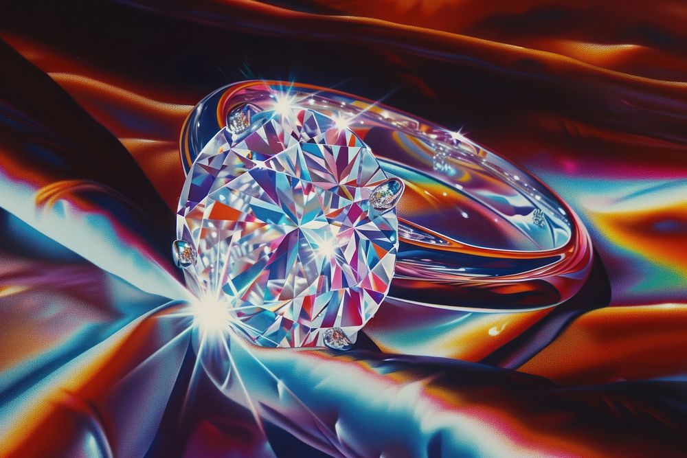 Large diamond ring on a velvet cushion one gemstone jewelry crystal.
