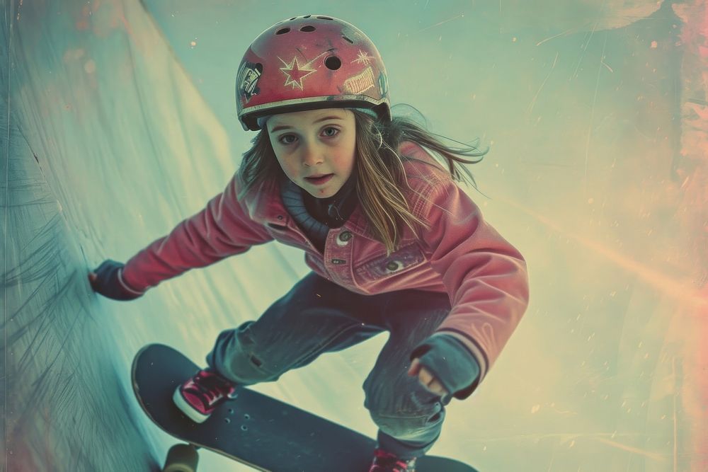 Little girl skateboarding in park helmet snowboarding protection.